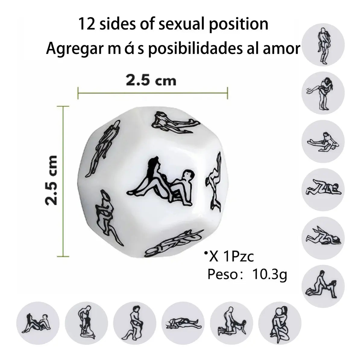 Dado erótico de doce caras, diseñado para sugerir diferentes posiciones o dinámicas de pareja. Producto de tamaño compacto pensado para juegos de intimidad entre adultos